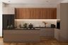 Modern Open L-Shaped Kitchen with Island, Grey and Brown Theme, Quartz Countertops, and Striking 3D White Backsplash - Livspace