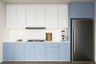 "Blue And White Parallel Kitchen Design With Black Refrigerator - Livspace Blue Base Kitchen Cabinets - Livspace"