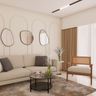 Scandinavian-Style Living Room With Beige Two-Seater, Rattan Accent Chair, Black Coffee Table And White, Mirrored Wall - Livspace