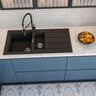 Black Quartz double bowl top mount kitchen sink with drainboard, 918x460mm - Livspace