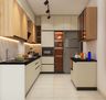 L-Shape Kitchen Design with White and Walnut Cabinets