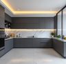Grey U-Shaped Kitchen Design with Quartz Countertop