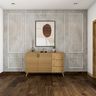 Foyer Design with Slatted Cabinetry and Soft Framed Wall Panels