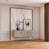 Grey Foyer Design with Brass-Trimmed Wall and Concealed Storage