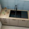 Black quartz double bowl kitchen sink design