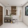 White Tiled Bathroom Design with Open Shelving