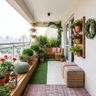 Tropical Balcony Design with Terracotta Planter Wall and Festoon String Lights