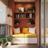 Balcony Design With Yellow Cushioned Bench and Brick Wall