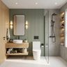 Contemporary Bathroom Design with Sage Green Walls and Open Wooden Console