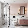 Contemporary Bathroom Design with Pink Ribbed Vanity and Black Marble Walls
