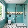 Modern Eclectic Bathroom Design with Teal Hexagonal Tiles and Starburst Floors