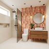 Mid Century Modern Bathroom Design with Coral Geometric Tiles and Round Mirror