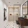 Contemporary Bathroom Design with Terrazzo Floor and Geometric Shower Feature Tiles