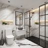 Industrial Bathroom Design with White Marble Walls and Backlit Recessed Niches