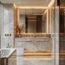 Bathroom Design with Glossy Drawers and Marble Surfaces
