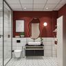 Bathroom Design with Asymmetrical Mirror and Matte Cabinets