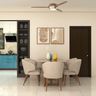 Mid Century Modern Dining Room Design with Glass Front Cabinet Divider