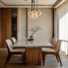 Dining Room Design with Marble Table and Seamless Wood Storage