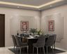Dining Room Design with Marble Table and Grey Upholstered Chairs