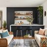Modern Kingfisher Blue Home Bar Design with Symmetrical Shaker Towers