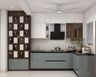 L-Shaped Kitchen Design With Herringbone Backsplash and Glossy Finish