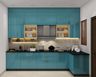 Teal Blue L-Shaped Kitchen Design with Glossy Cabinets