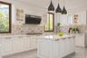 Island Kitchen Design With Ornate White Cabinets and Marble Countertop