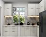 Champagne and White L-Shaped Kitchen Design With White Cabinets