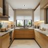 U-Shaped Kitchen Design in Acacia and White with Quartz Top