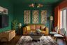 Living Room Design with Leather Sofa and Botanical Wall Accents