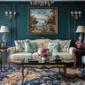 Living Room Design with Teal Walls and Carved Sofa