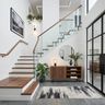 L Shaped Staircase Design with Wood Treads and Tiled Risers