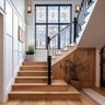 L-Shaped Staircase Design with Oak Treads and Metal Railings