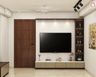 TV Unit Design with Grey Console and Illuminated Dark Wood Library
