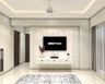 White TV Unit Design with Backlit Marble Accent Wall