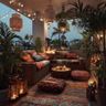 Balcony with wicker seating, colorful textiles, hanging lanterns, and lush green plants
