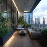 High-rise balcony with wooden flooring, lush greenery, and sleek glass walls