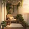 Balcony Design Featuring Wicker Chair and Vertical Grid Frame