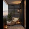 Balcony Design With Neutral Cushions and Dark Wooden Slats