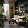 Balcony Design With Black Slatted Wall and Floating Shelves