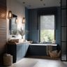 Bathroom with blue cabinets, soaking tub, wooden accents, and pendant lights