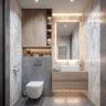 Bathroom with marble walls, floating vanity, and built-in storage niches