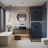 Bathroom with walk-in shower, floating vanity, and circular backlit mirror