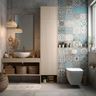 Bathroom Design With Blue-Beige Patterned Tile and Wicker Basket