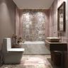 Bathroom with patterned tiles, marble bathtub surround, floating vanity, and soft lighting