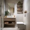 Bathroom Design with Floating Drawer Vanity, Open Unit and Cream Tiles