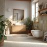 Bathroom with wooden vanity, green tiles, indoor plants, and terrazzo flooring