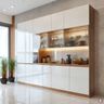 White and wood crockery unit with glass display shelves and under-cabinet lighting