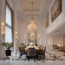 Dining room with crystal chandeliers, marble floor, and gold detailing