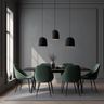 Dining room with green chairs, black pendant lights, and matte grey walls